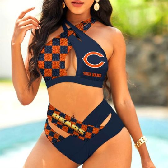 Chicago Bears Women’s 2PCS Bikini Swimsuit Criss Cross Cutout Bathing Suit
