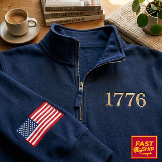 Embroidered USA Flag Quarter Zip, Patriotic 1776 Quarter Zip