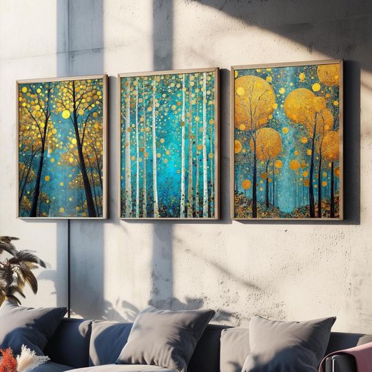 Set of Three Golden Blue Trees Triptych - 3 Art Print Posters - Paintings of Forest, Gustav Klimt Style, Ethereal Teal Yellow Illustration