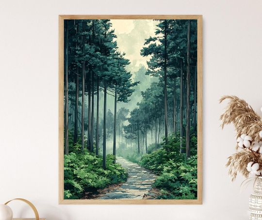 Japanese Cedar Print: Rainy Mountain Forest Path Illustration