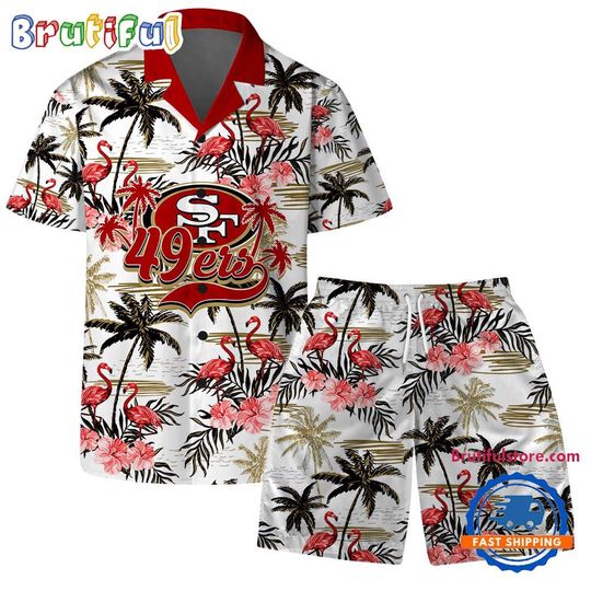 San Francisco 49ers Football Team Logo Pattern Flamingo Hibiscus Hawaiian Shirt and Beach Shorts