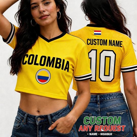 Custom Colombia Soccer Crop Top, Personalized Soccer Jersey Crop Tee, Football Outfit, Festival Shirt, Travel Outfit Gift
