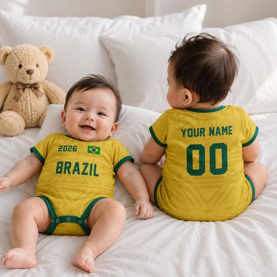 Custom Brazil Baby Bodysuit, Personalized Soccer Fan Jersey, Football Uniform