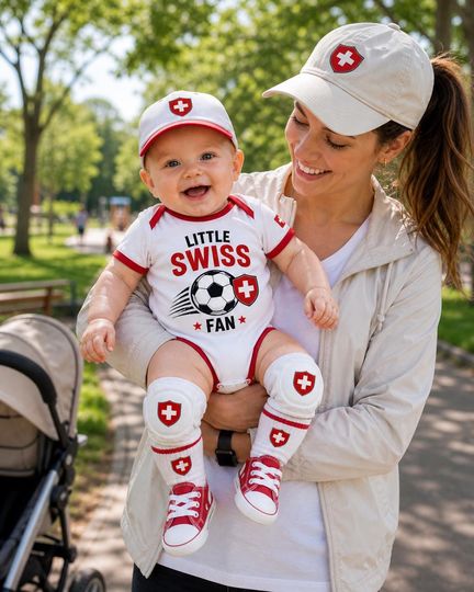 Little Swiss Fan Baby Bodysuit, Switzerland Soccer Football Infant Ringer Tee, Swiss Cross Shield Red White Newborn Gift Apparel
