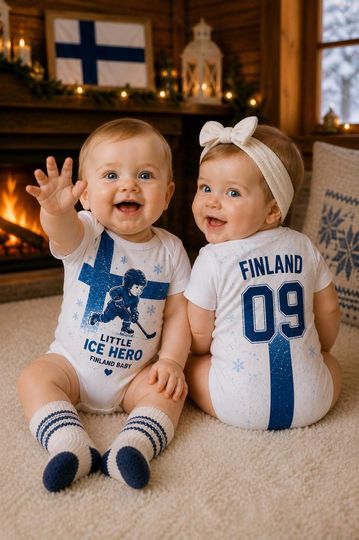 Finland Baby Bodysuit, Little Ice Hero Hockey Suomi Flag Print Infant Shirt, Custom Number Sporty Newborn Gift Finland Souvenir For New Born