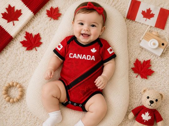 Custom Canada Baby Bodysuit, Personalized Name Number Soccer Outfit, Red Football Fan Baby Jersey Gift