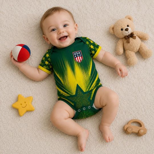 Custom Baby Soccer Jersey Bodysuit, USA Football Infant Outfit, Personalized Name Number Baby Gift, Sports Romper