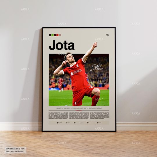Diogo Jota Poster, Liverpool FC Wall Art, Framed Premier League Soccer Decor