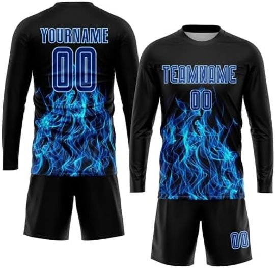 Custom Soccer Jersey Long Sleeve Printed Name Number Logo, Aqua Black Athletic Shirts For Men Women Youth Soccer Shirt
