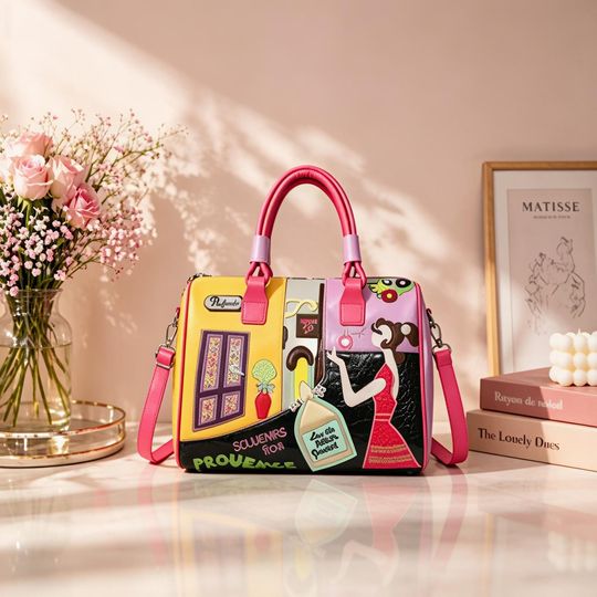 Cartoon Applique PU Leather Crossbody Bag - Top Handle Purse