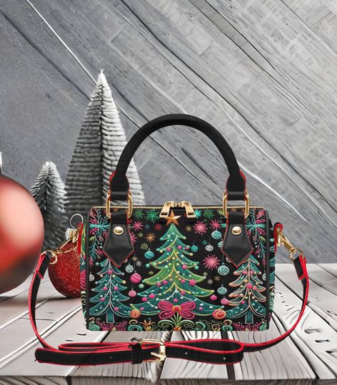 Christmas Holiday Tree Crossbody Bag with Removable Strap in Vegan PU Leather