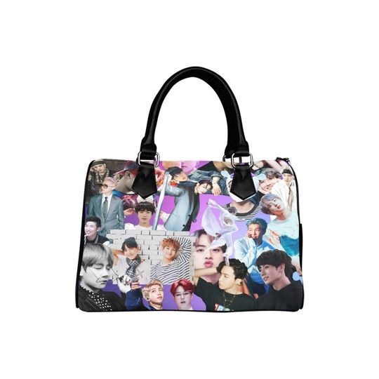 BTS Collage Barrel Style Boston Handbag - K-Pop Inspired Purple PU Crossbody Bag
