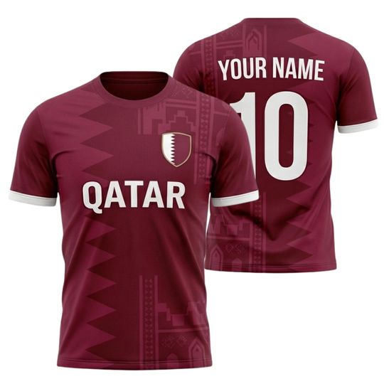 Custom Qatar Shirt, Personalized Maroon Soccer Fan Tee with Name & Number, Qatar Inspired Sports Gift