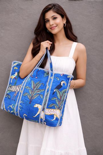Royal Blue Jungle Tote Bag, Quilted Handbag, Large Reusable Shopping Bag, Stylish Travel Shoulder Tote