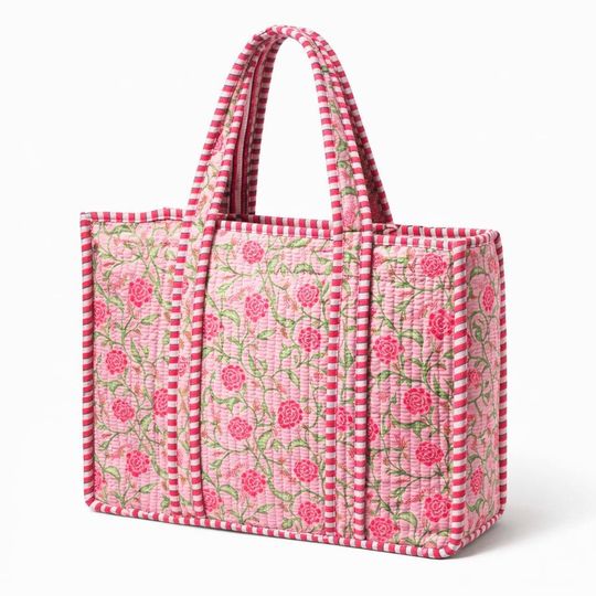 Quilted Tote Bag | Pink Floral Block Print Bag | Reusable Shoulder Bag | Lightweight Travel Tote | Gift for Her