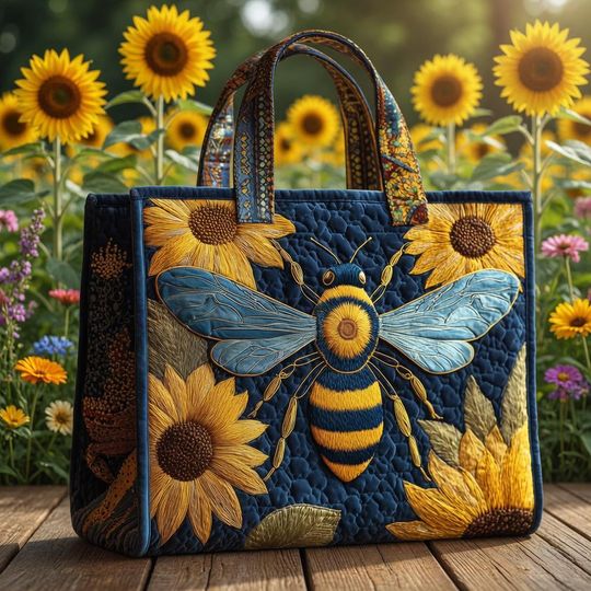 Quilted Sunflower Bee Tote Bag, Navy Blue Garden Shoulder Bag