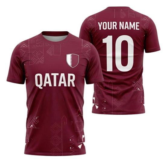 Personalized Qatar Inspired Football Jersey, Custom Name Number Soccer Shirt, Maroon Supporter Tee, Unisex Fan Gift for Men Women Fans