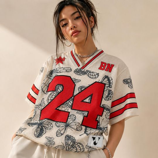 Custom Mesh Football Jersey with Name and Number, V-Neck Streetwear Tee, Retro Game Day Shirt