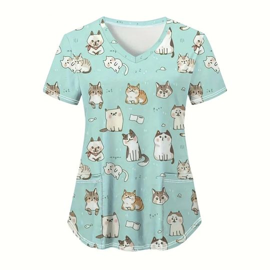 Cute Cat Scrubs Top, Nurse Casual Shirt
