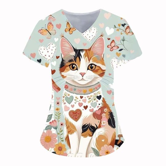 Cat Scrubs Top, Nurse Casual Shirt