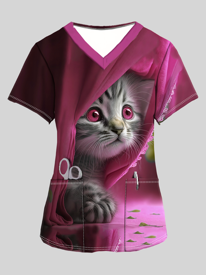 Pink Cat Scrubs Top, Nurse Casual Shirt