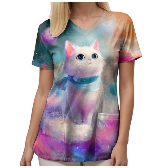Women Clinical Uniform Short Sleeve Scrubs Top with Cute Cat Print