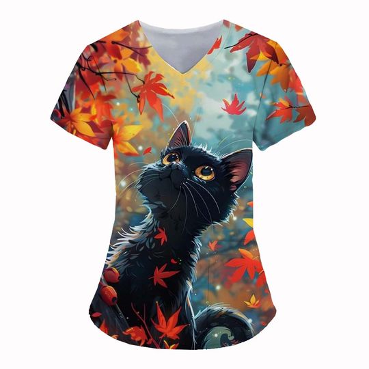 Women's Medical Scrubs Top with Cat 3D Print V-Neck Short Sleeve Surgical Uniform
