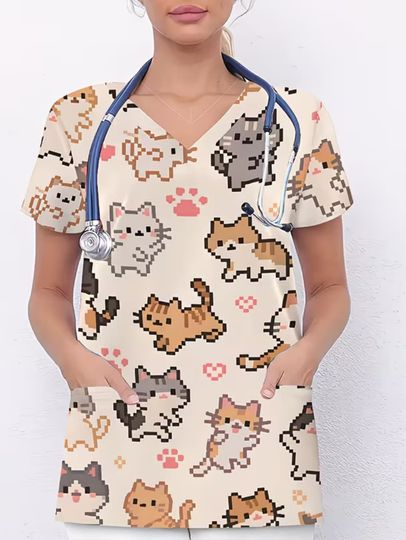 Cute Cat Print Medical Top for Women V-Neck Short Sleeve Surgical Uniforms