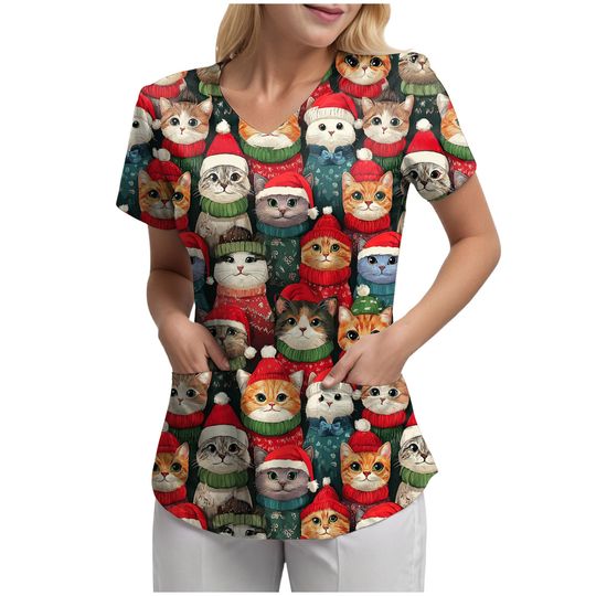 Women's Cartoon Cat Print Scrubs Top