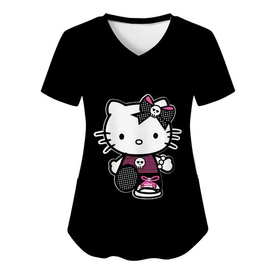 Women’s Hello Kitty Scrubs Top - Summer Kawaii Y2K Animal Print Short Sleeve Hospital Nurse Uniform