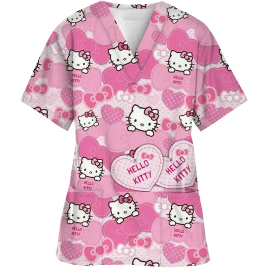 V-Neck Hello Kitty Scrubs Top for Care Workers Women Short Sleeve Nurse Uniform