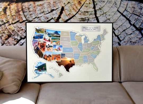 Personalized USA Photo Map with Wooden Frame: Travel Collage Gift