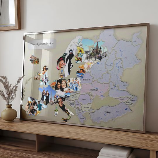 Personalized Europe Photo Travel Map  Custom Travel Gift for Him or Her, Perfect Birthday or Anniversary Gift for Travelers