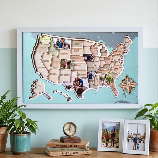 USA Photo Map Wall Decor - Personalized 50 States Travel Map Art - Framed US Travel Map Picture Frame - Custom Home Decor, Housewarming Gift