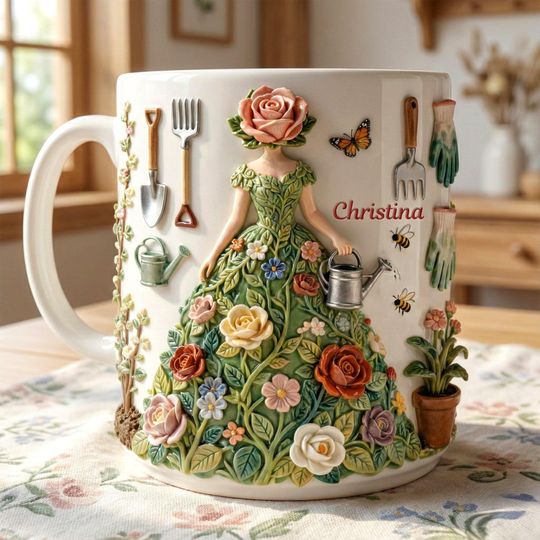 Garden Girl Coffee Mug, Personalized Floral Garden Mug, Nature Inspired Gift