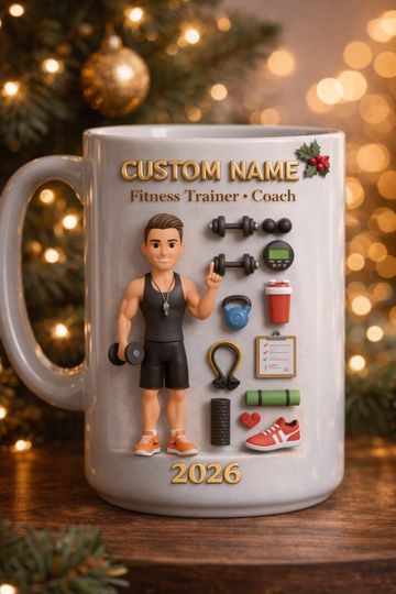 Custom Name Fitness Trainer Mug, 3D Embossed Coffee Mug, Gym Coach Gift, Personalized Fitness Mug