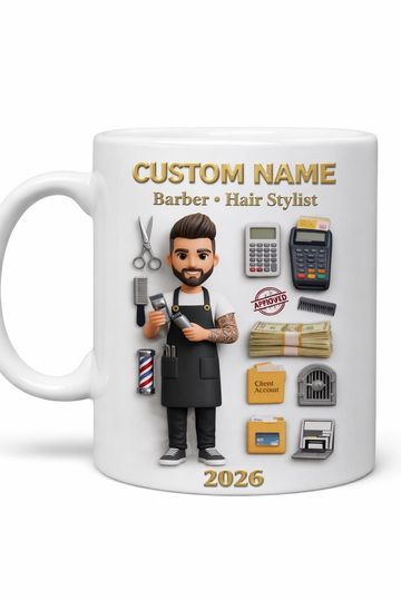 Personalized Barber Mug 3D Embossed Coffee Mug, Custom Hair Stylist Mug, Career Mug 2026