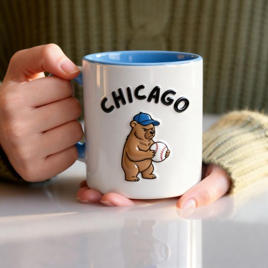 Chicago Baseball Mug 3D Embossed, Baseball Coffee Cup, Cute Bear Baseball Fan Gift, City Lover Mug