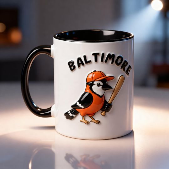 Baltimore Baseball Mug 3D Embossed, Sports Coffee Cup, Vintage Baseball Fan Gift, Orange Bird Team Mug