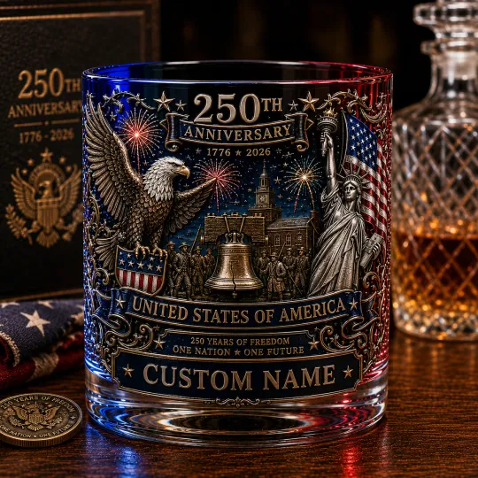 Personalized USA Eagle Whiskey Glass 250th Anniversary Custom Name Gift Cup