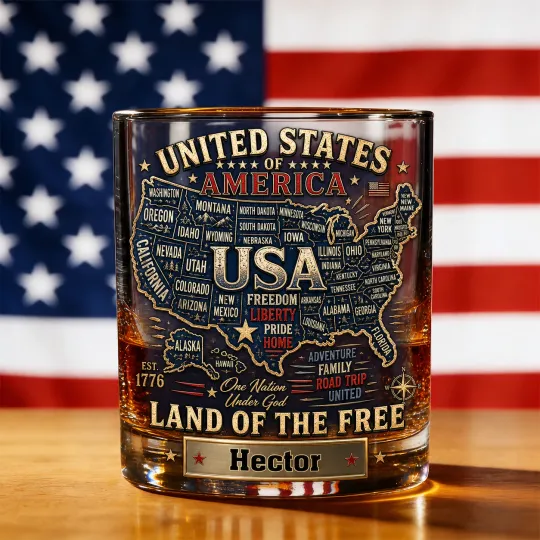 Personalized USA Map Whiskey Glass Patriotic Gift for Dad 4th of July Road Trip