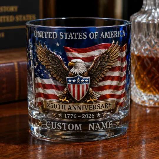 Personalized USA 250th Anniversary Whiskey Glass Custom Eagle Patriotic Gift