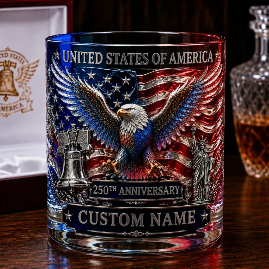 Personalized USA Eagle Whiskey Glass 250th Anniversary Custom Name Gift Cup