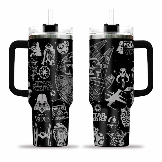 Star Wars Engraved Tumbler 40oz with Handle, Darth Vader Millennium Falcon Mug, May The Force Be With You Cup, Gift for Star Wars Fan