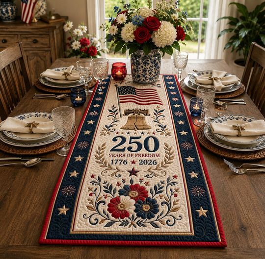 Quilted Table Runner: Patriotic Flower Table Runner, 250th Anniversary Table Runner, Spring Table Runner, Runner 17762026