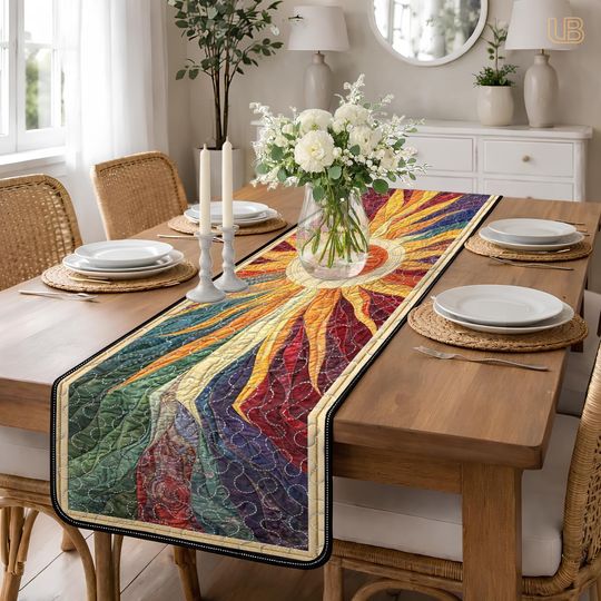 Quilted Sun Table Runner, Fiber Art Table Decor, Stained Glass Quilt Pattern, Modern Tabletop Decoration, Artistic Housewarming Gift for Her