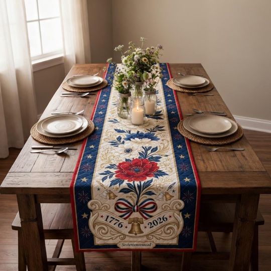 Patriotic Flower Quilted Table Runner, 250th Anniversary Table Runner, Quilted Table Runner Summer, Gift for Mother, Patriotic Gift