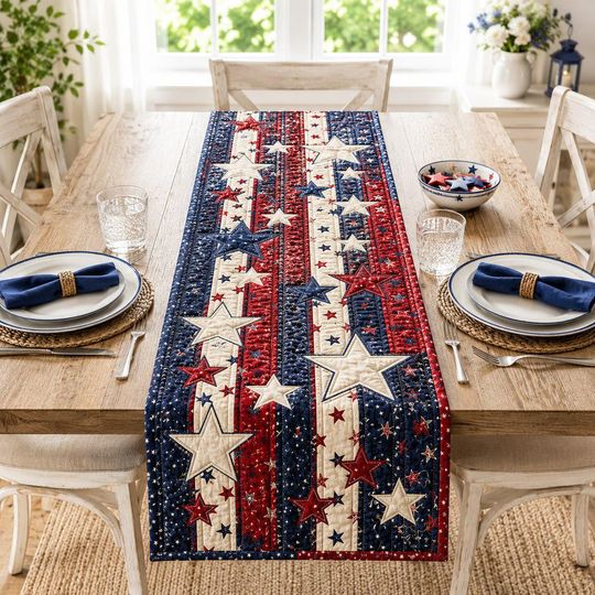 Patriotic Star Table Runner, Red White Blue Quilted Runner, Americana Farmhouse Decor, USA Holiday Table Centerpiece