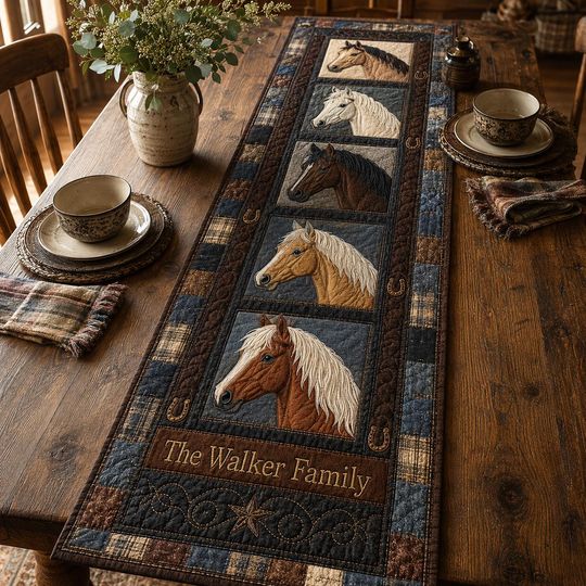 Personalized Horse Quilted Table Runner, Equestrian Farmhouse Decor, Custom Name Patchwork Runner