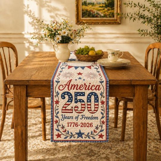 250 Years USA Table Runner, Patriotic Eagle And Fireworks, Independence Day Decor, American Heritage, Red White Blue, 1776 2026